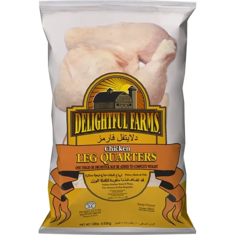 Paquete con 10 libras de cuartos de pollo.